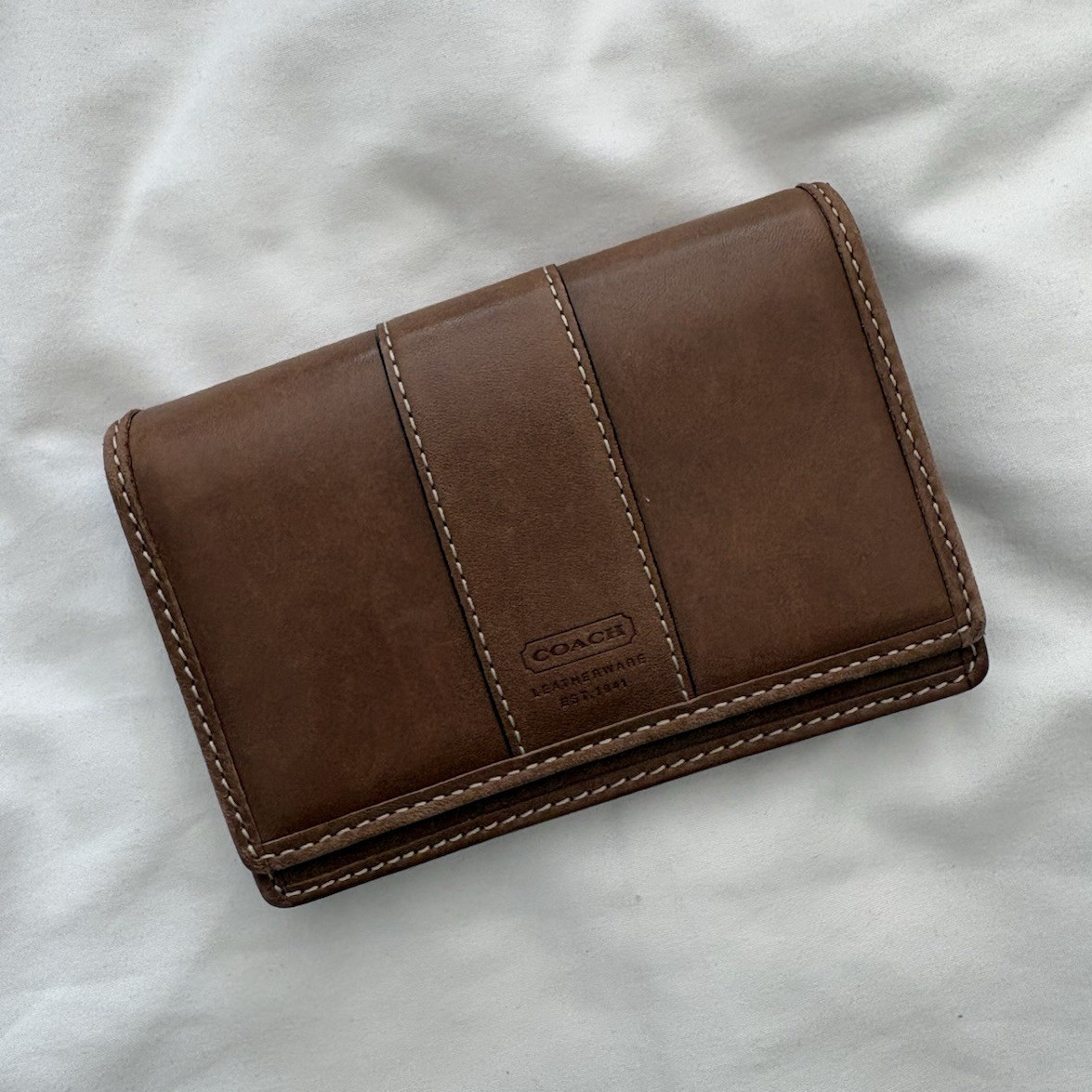 Coach Brown Tri-Fold Snap Wallet w/ Coin Zip Pocket, Credit Card Slots, Logo