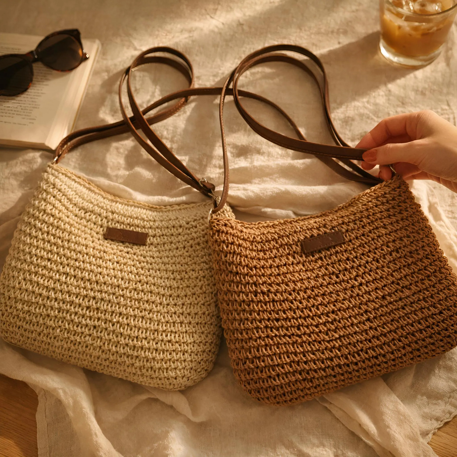 Woven Straw Tote Bag, Zipper Shoulder Purse, Minimalist Summer Vacation Bag