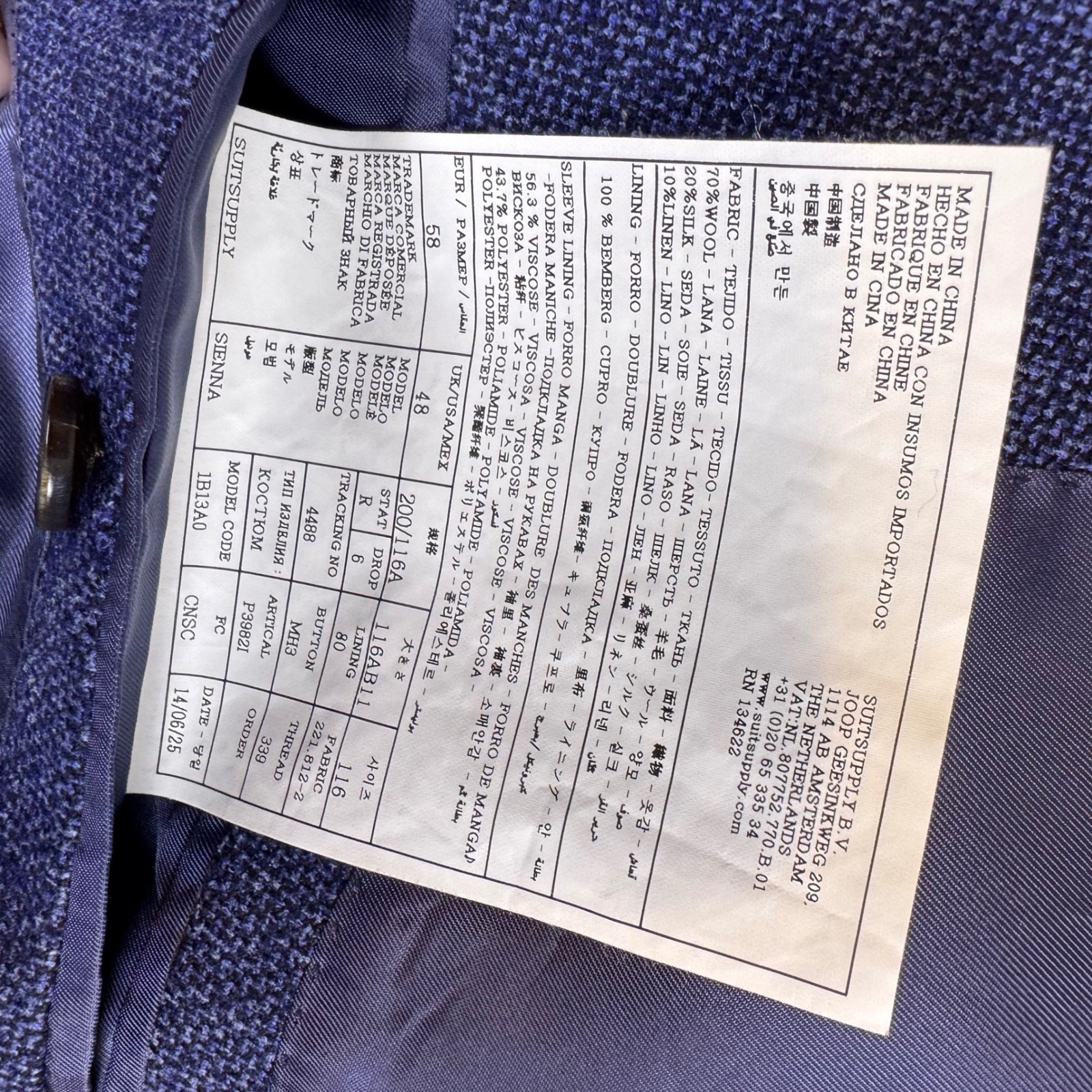 Suitsupply Sienna Blue Wool Silk Linen Blazer Vitale Barberis Canonico 48R 58 EU