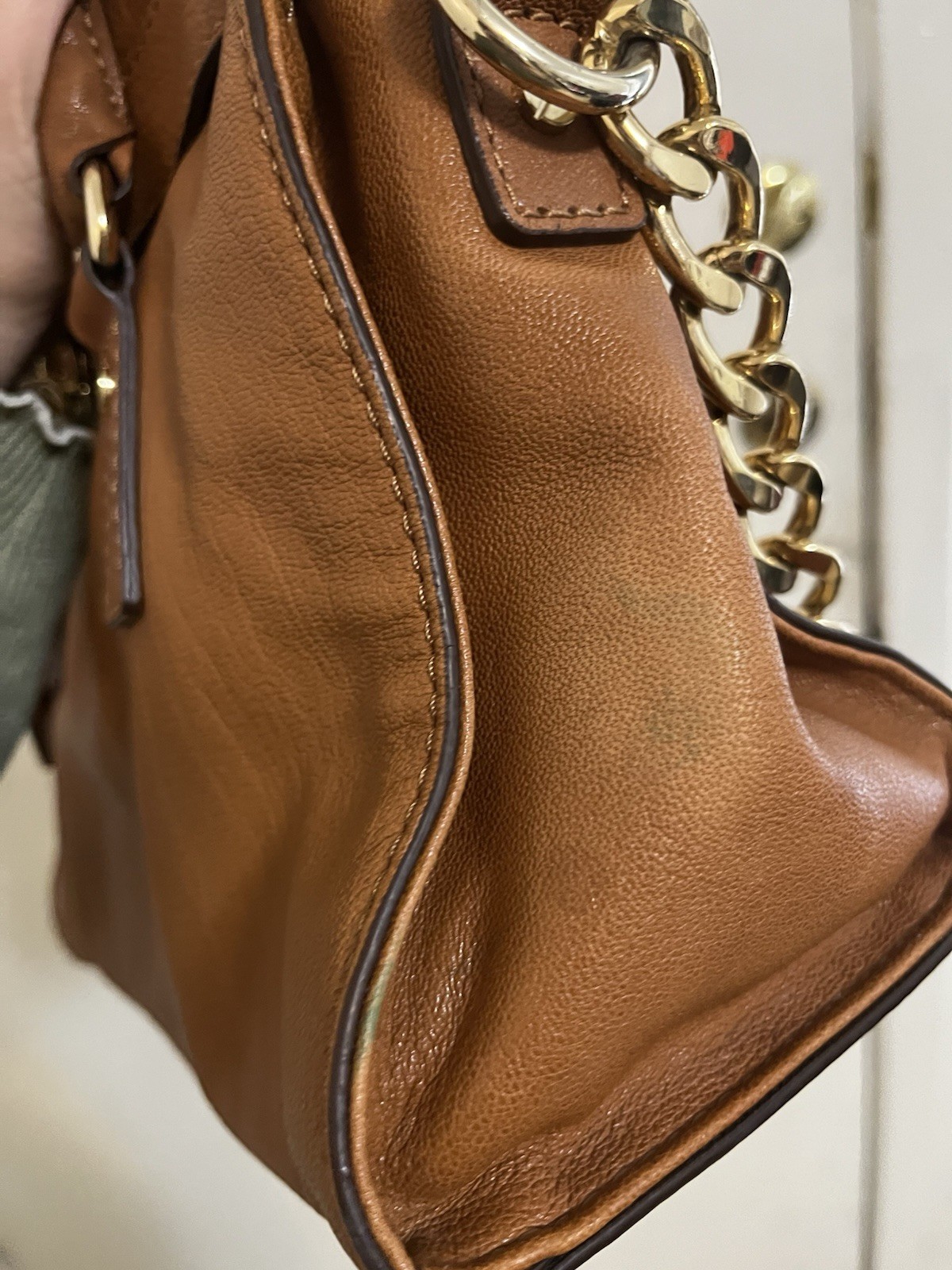 Michael Kors Brown Pebbled Satchel Top Handle Chain Padlock Snap Gold Hardware
