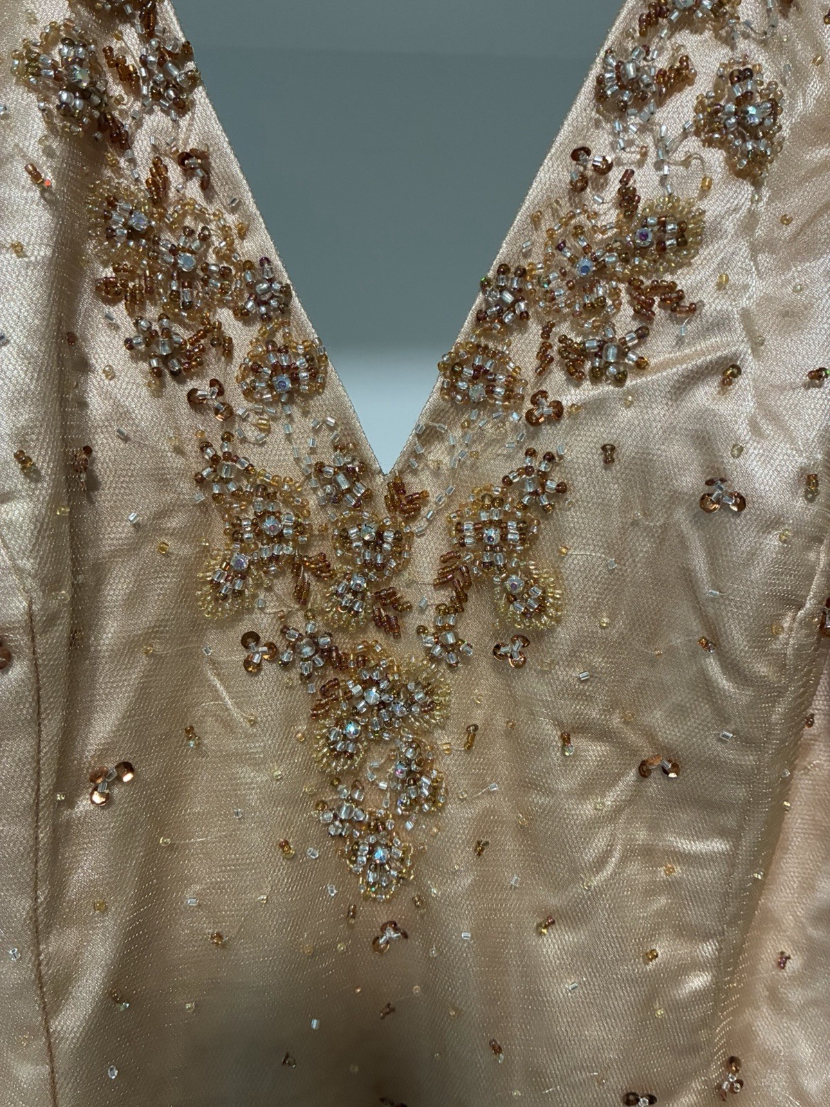 Do You Love Me? Gold Tan Beaded Halter V-Neck Formal Long Tulle Prom Gown 10