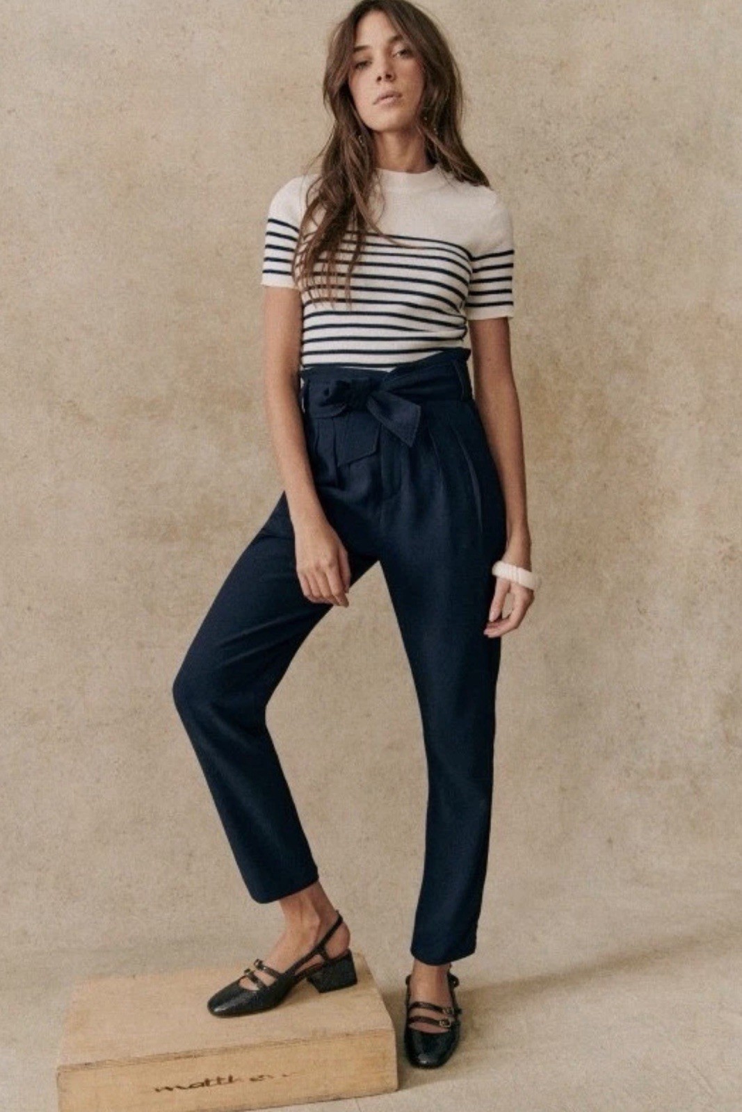 Sezane Austin Trousers Marine High Waisted Paperbag Tie Belt Pants FR 38 US 6