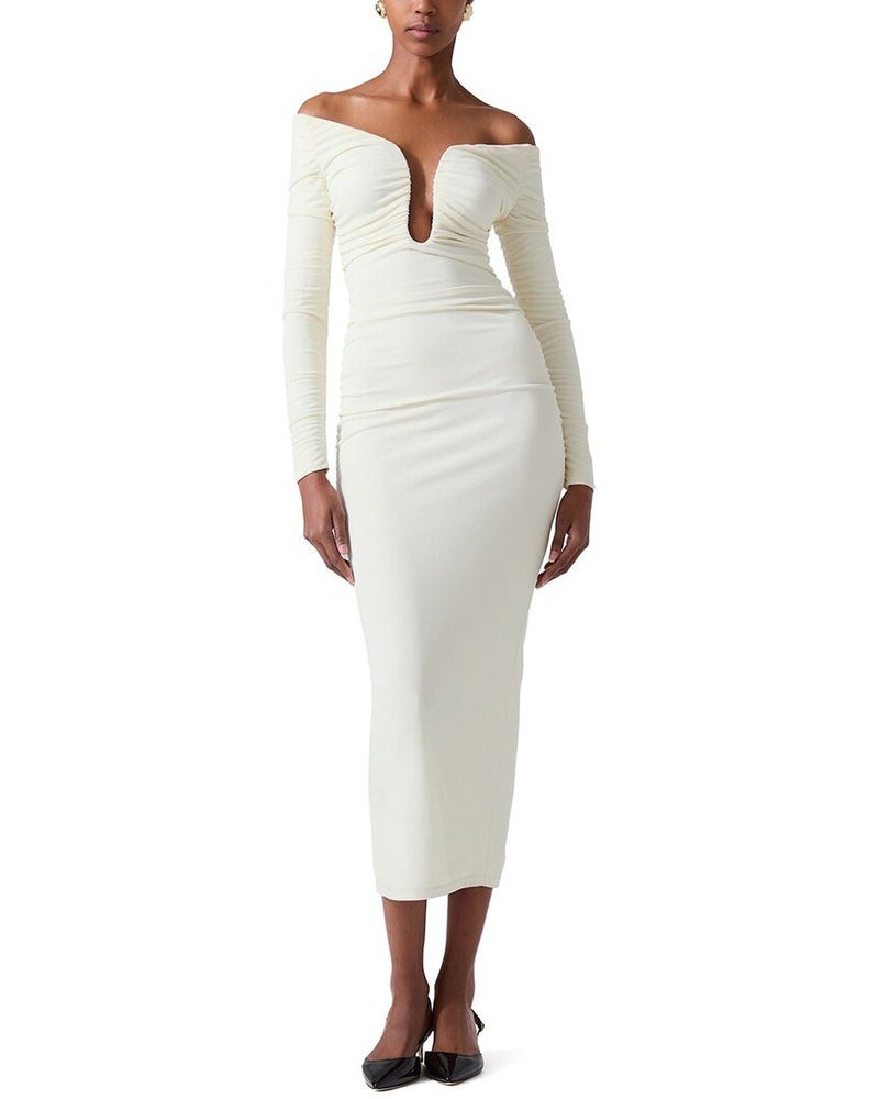 CAROLINA HERRERA DEEP U-NECK RUCHED IVORY MIDI DRESS size XS
