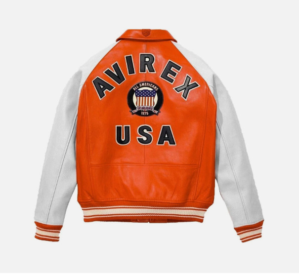 Mens Genuine Leather Varsity Jacket Orange White Letterman Baseball Jacket