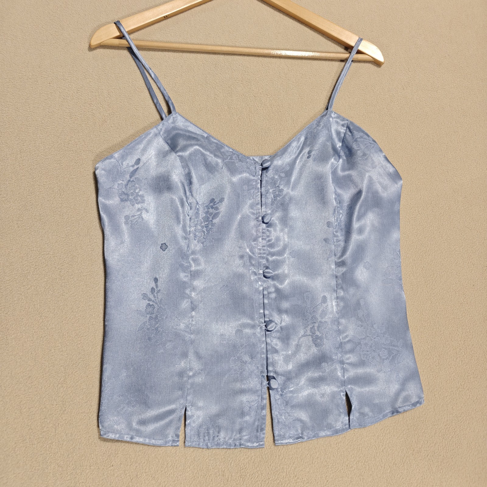 Vintage 90s Valerie Stevens Ice Blue Satin Floral Button Cami Size S Coquette