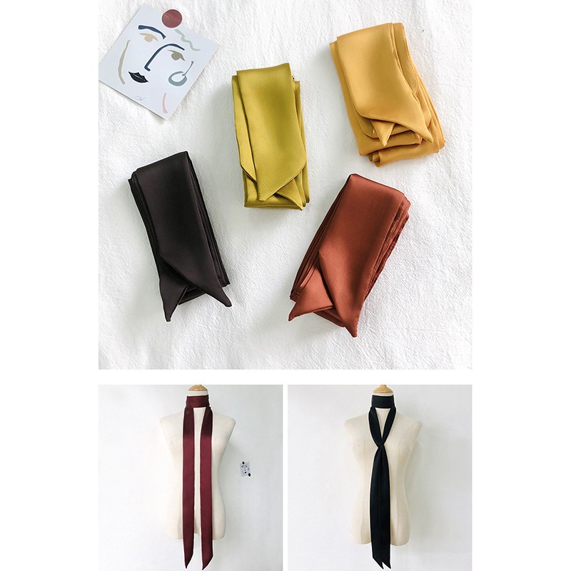 5x200cm Satin Silk Narrow Scarf Neckerchief Solid Neck Scarves Long Silk Thin