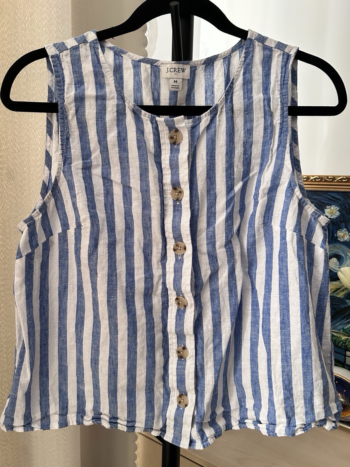 J.CREW Women’s Blue/White Striped Linen Woven Button Front Sleeveless Blouse M