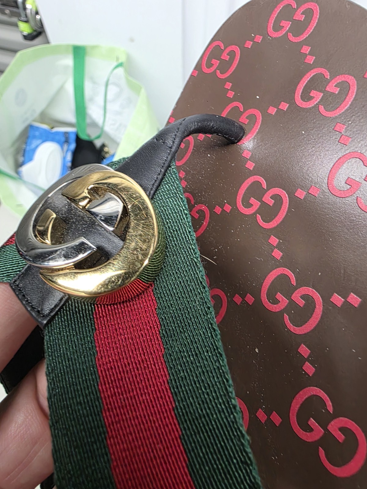 Gucci Web GG Monogram Thong Sandals, Women’s Size36, Brown Green Red, ITALY