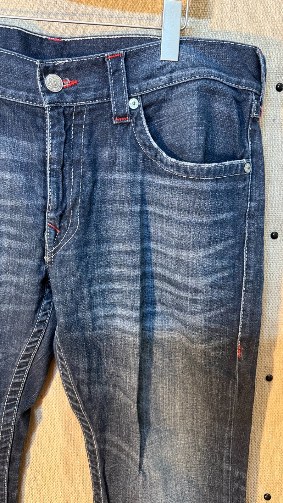 True Religion Straight Flap Red Stitch Dark Wash Jeans Mens 36×27