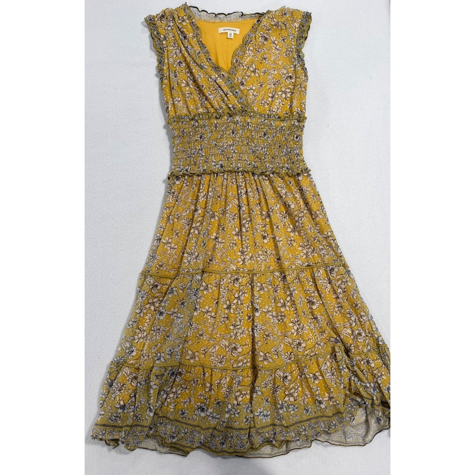 Max Studio Mustard Yellow Floral Smocked Waist Tiered Midi Dress 1902K67 XS