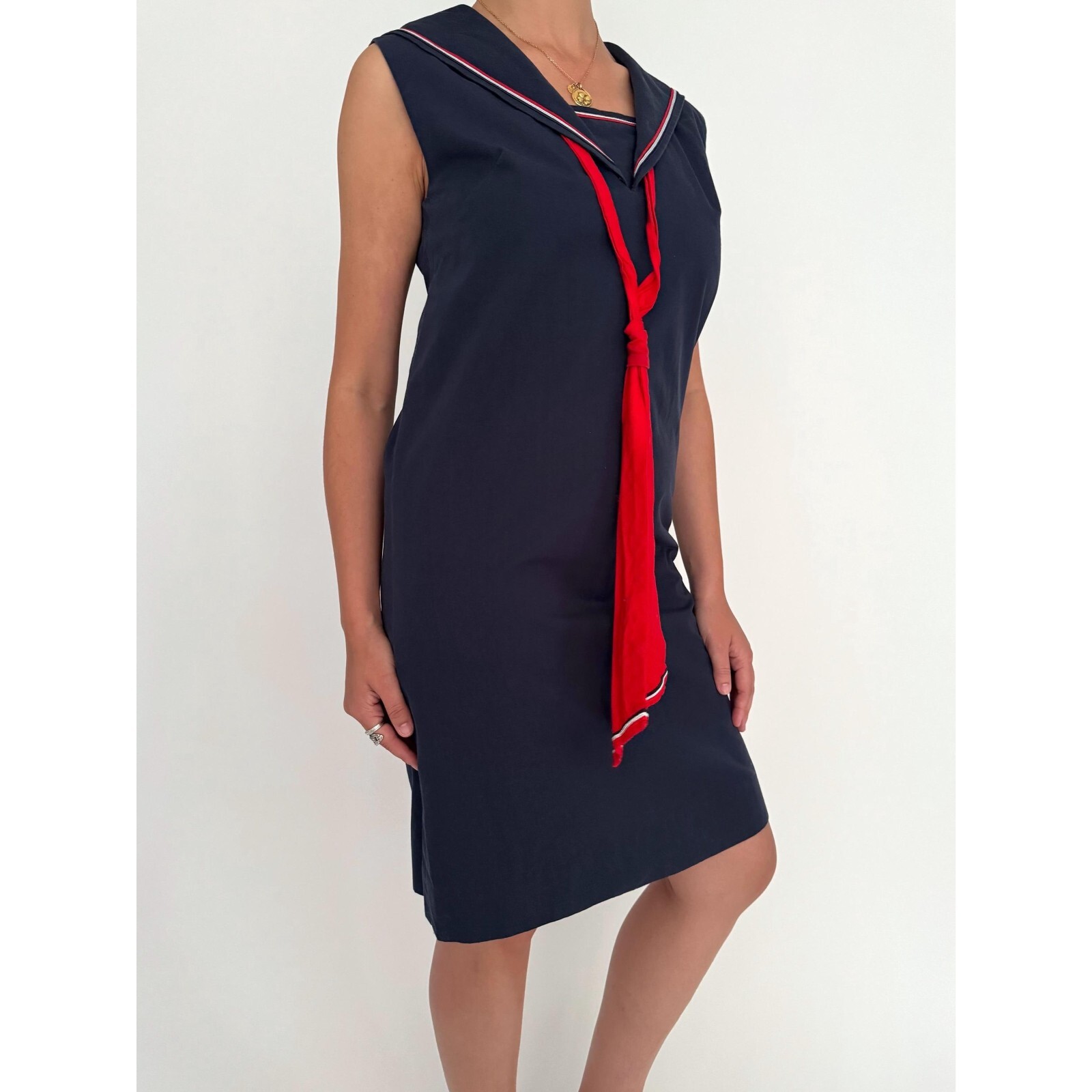 70s vintage navy blue nautical sailor collar retro pinup sleeveless midi dress