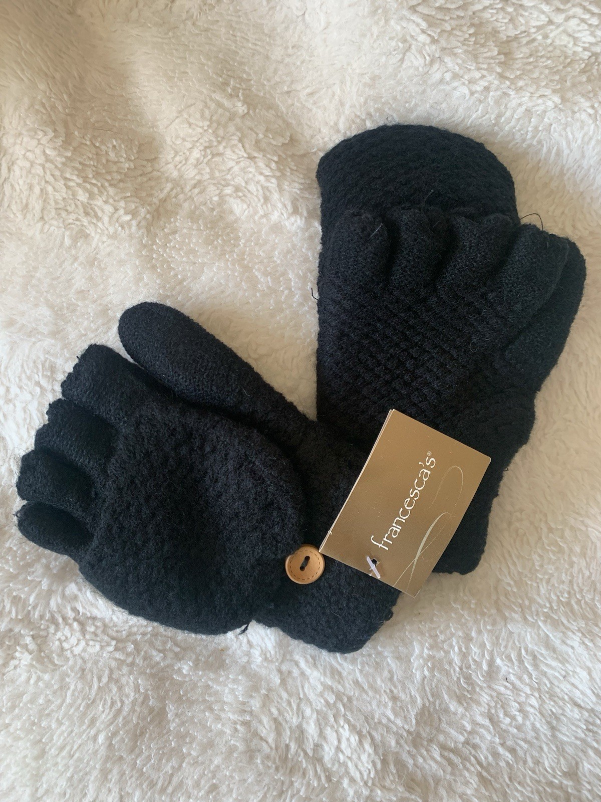 Francesca’s Black Knit Convertible Fingerless Gloves Button Accent One Size