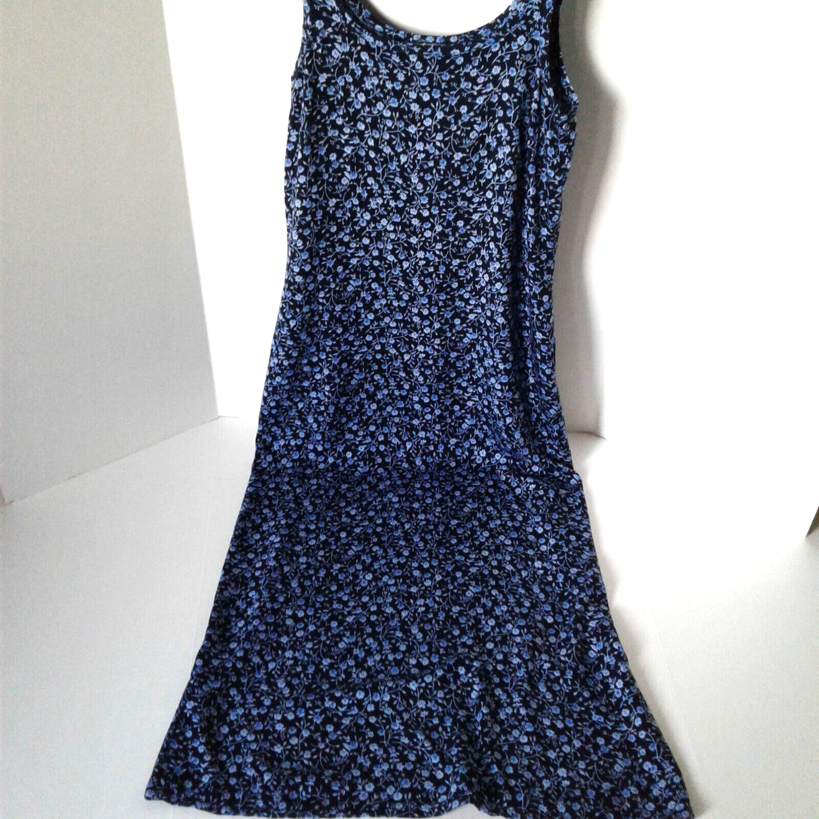 VTG Faded Glory~Tank Style Dress~Pullover~Blue Floral Print~Full Length~Small