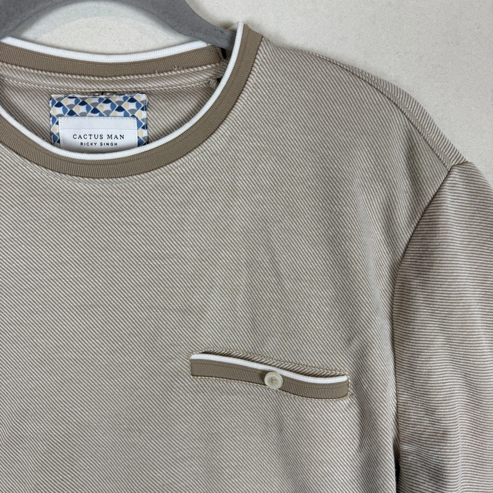 Cactus Man Shirt Mens Medium Beige Stripe Ringer Crewneck Pocket Jersey Tee