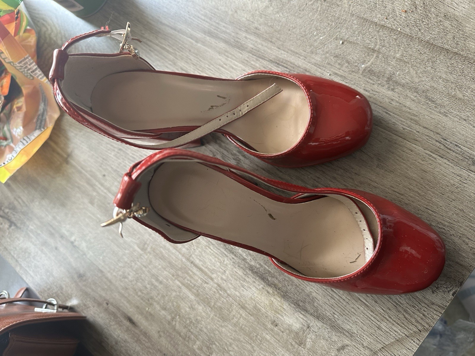 Women’s Red Patent Leather Strappy Ankle Strap Round Toe Block Heel Pumps 6.5