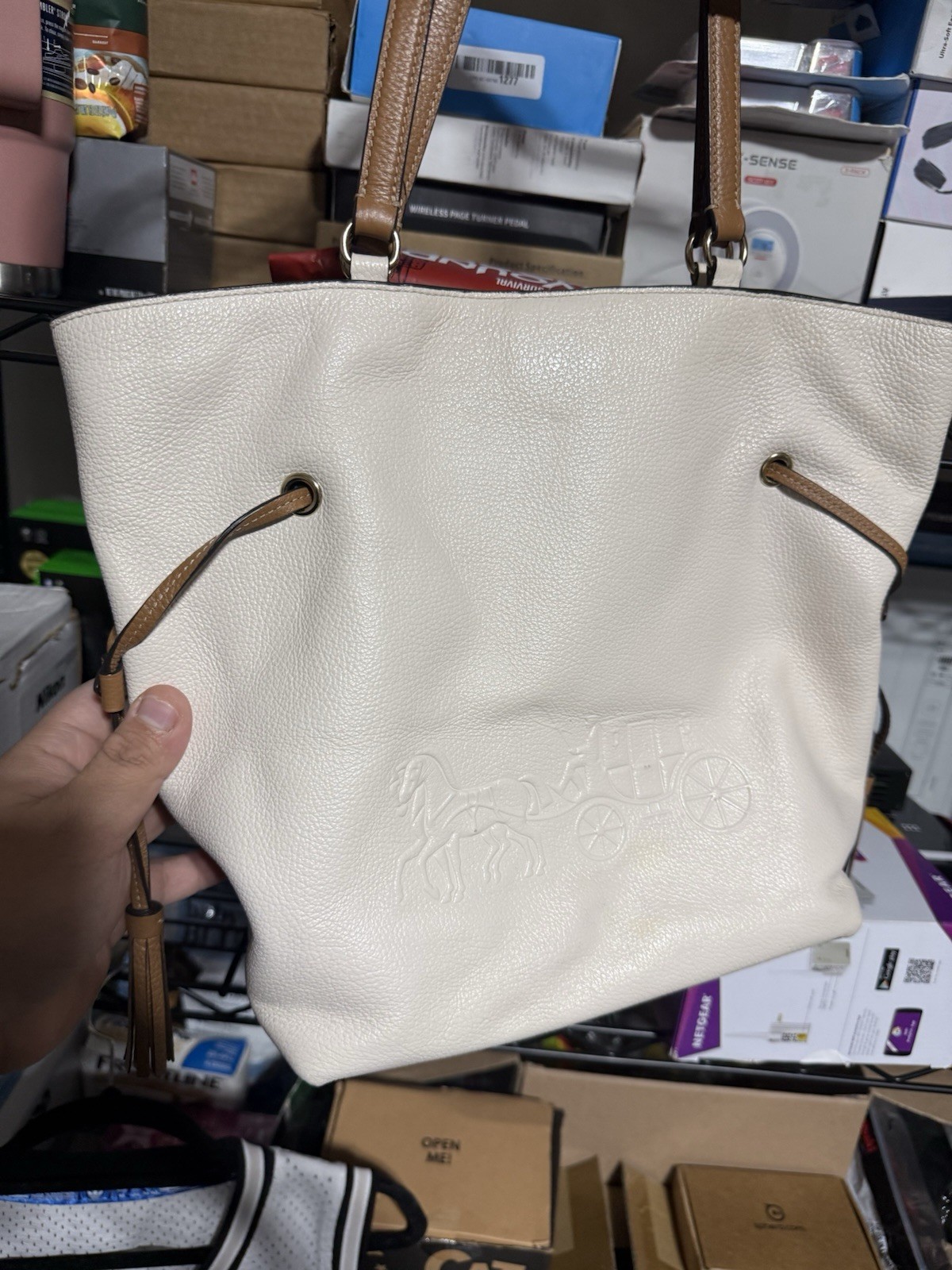 Coach Andy With Horse & Carriage Leather Tote Bag White & Brown Tassel Old Money