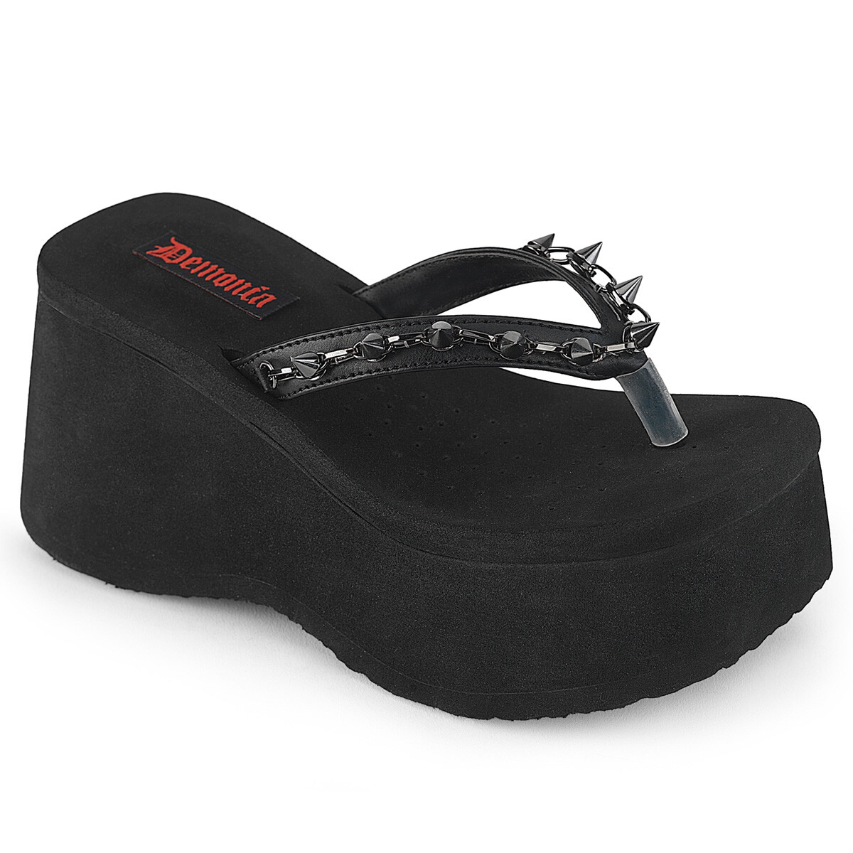 Black Chunky Platform Flip Flops Sandals Punk Goth Spikes Womans Shoes Demonia