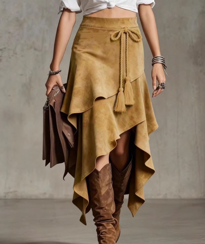 Women’s Western Asymmetrical Suede Midi Skirt, 6 Colors