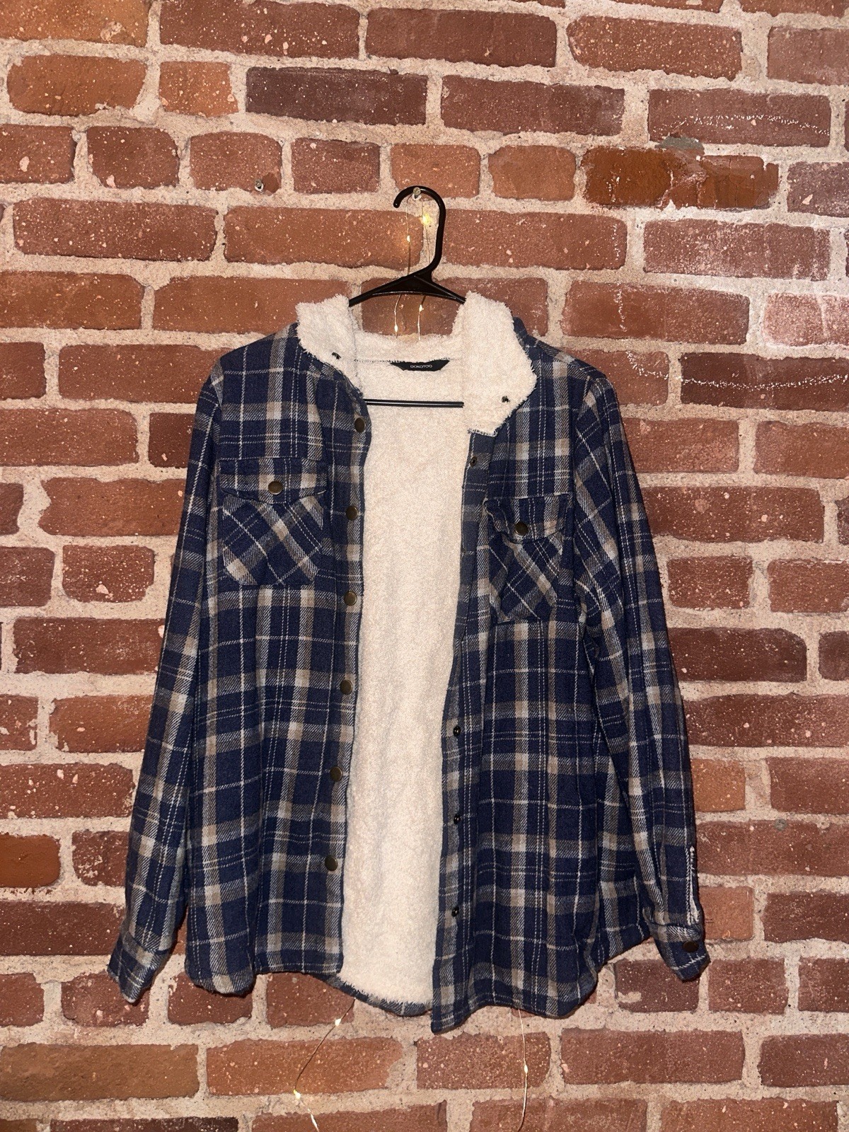 Blue & White Plaid Hooded Lined Button Jacket w/ Pockets Unisex Adults M