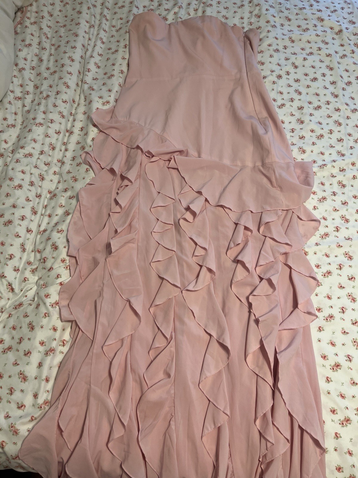 oh POLLY Pink Strapless Ruffle Chiffon Long Gown Zip UK 16 US 12
