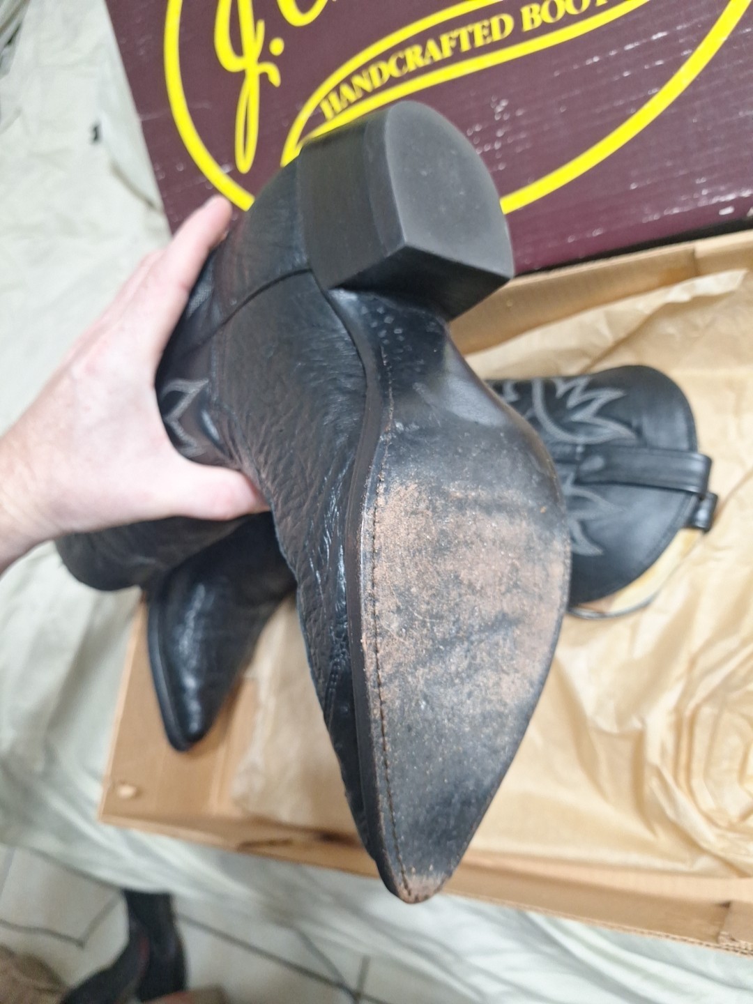 J Chisholm Cowboy Boots 8D, Exotic Ostrich Leg Leather, Excellent. Handmade USA