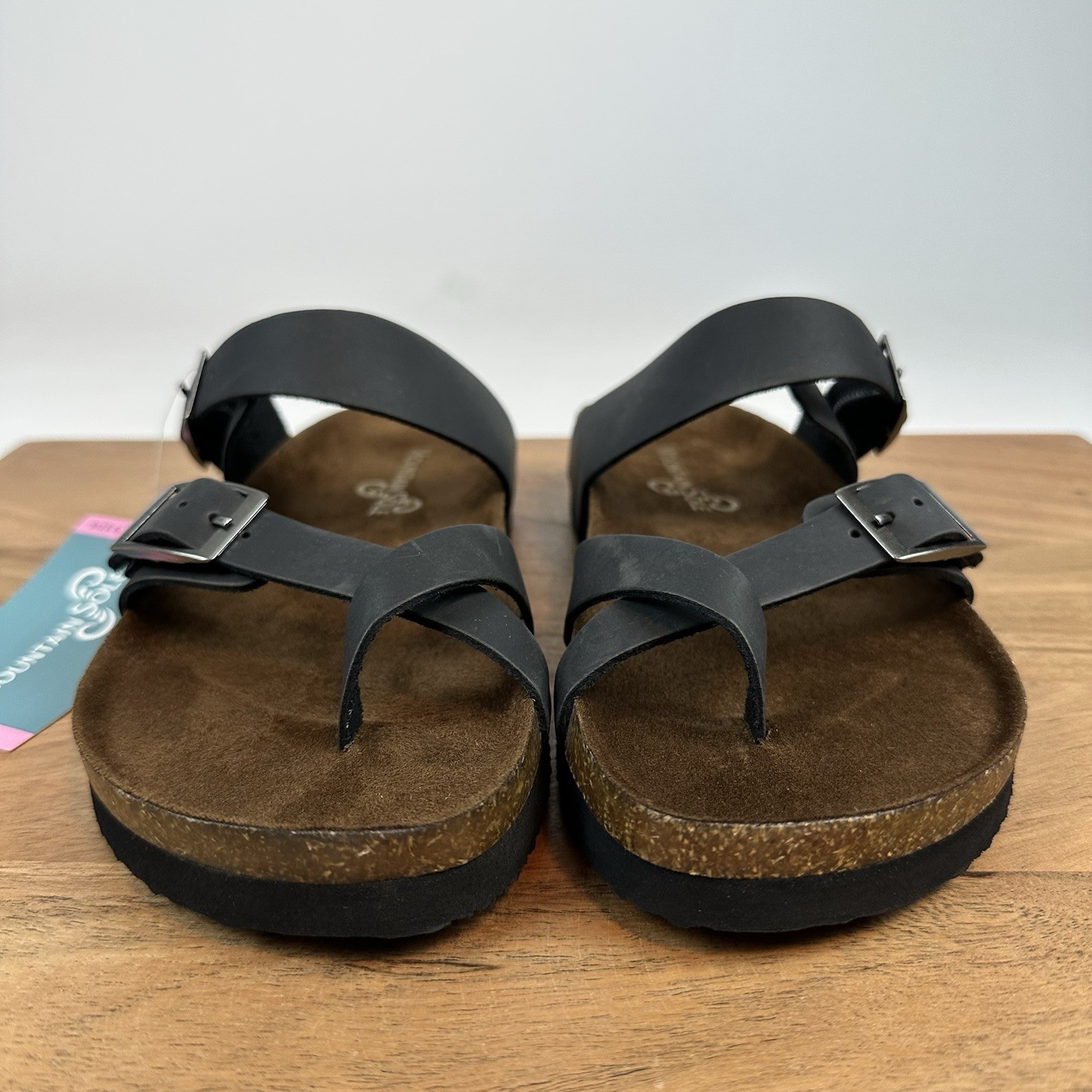 New NIB Womens Mountain Sole Black Leather Sandals Shoes Size 6