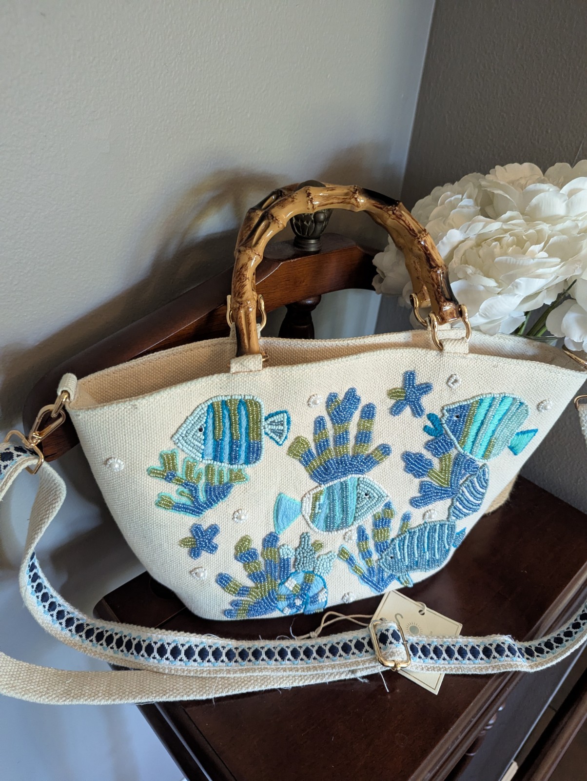 Soleil Mer Fish Embroidered Beaded Top Handle Bag Bamboo, Detachable Strap