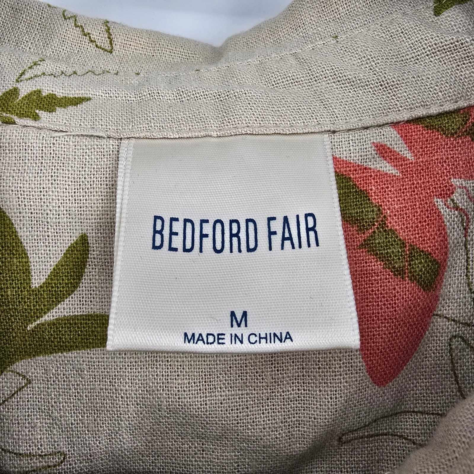 Bedford Fair Womens Medium Linen Blend Butterfly Fern Print Button Front Shirt