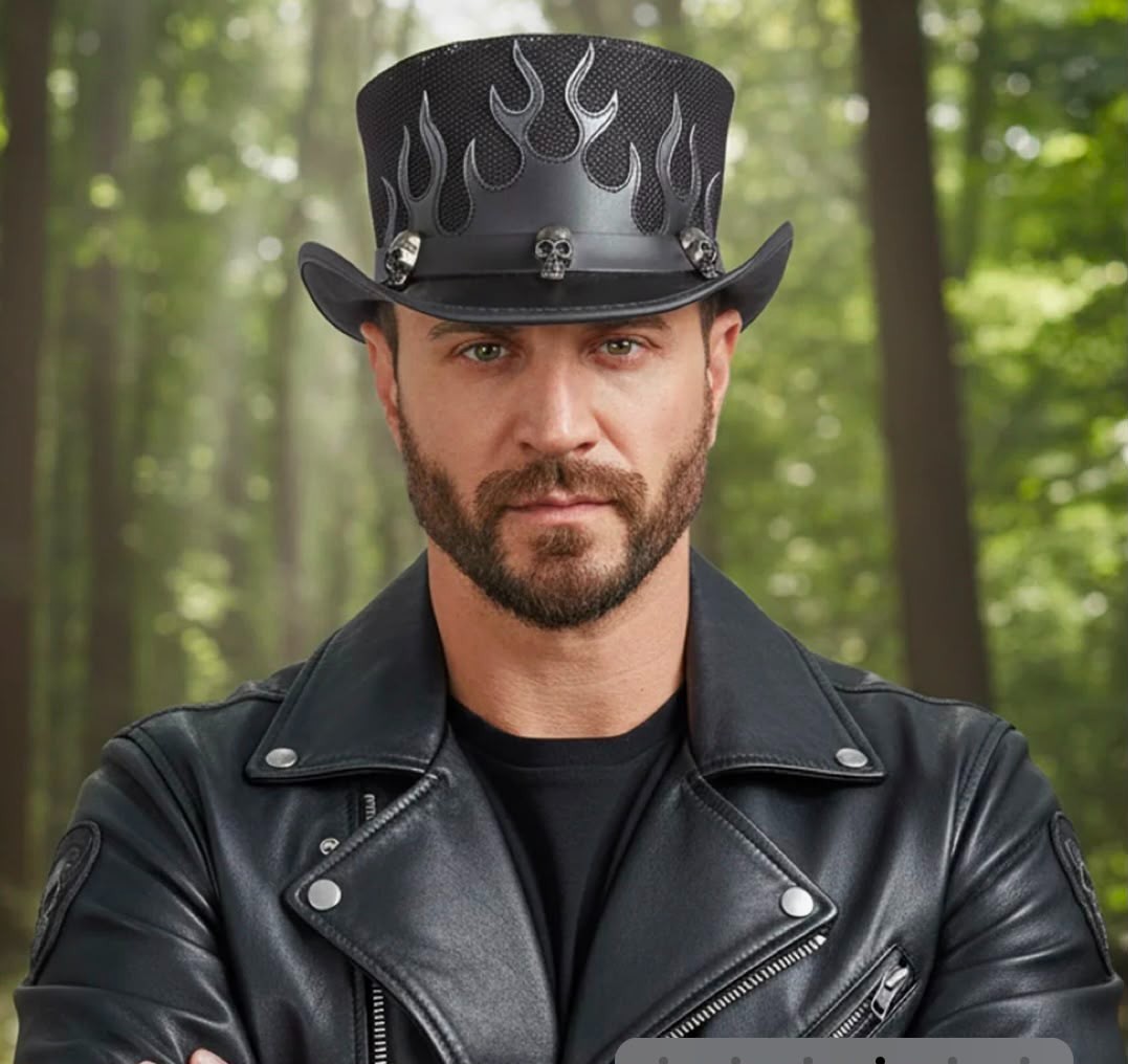 Black Gothic Skull Flame Top Hat Men Steampunk Biker Cowboy Western Cap