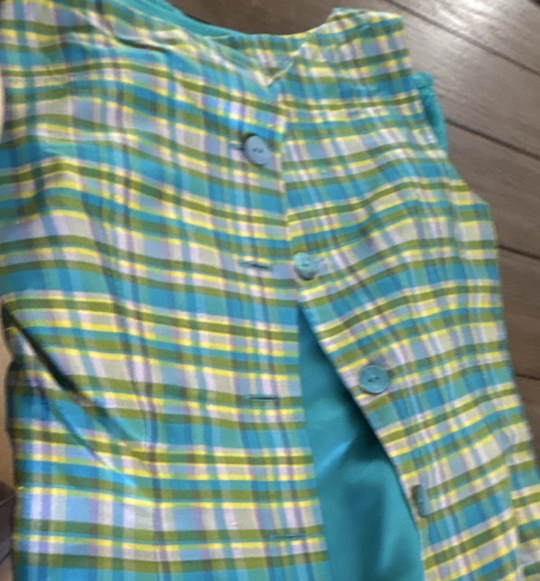 Maggy London 100% Silk Plaid Top & Skirt 2 Piece Set Size 4 Turquoise Yellow