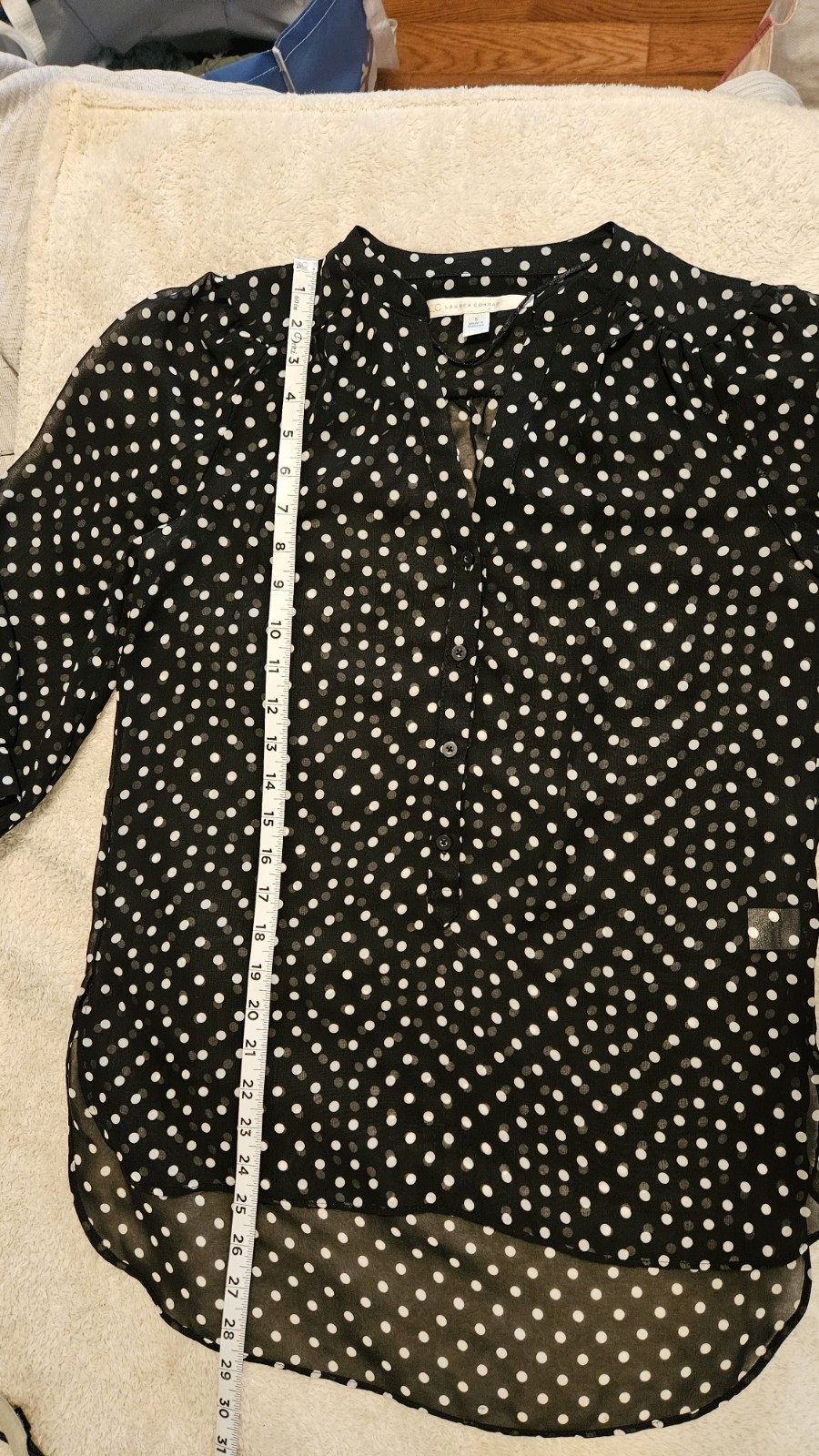 LC Lauren Conrad Black/White Polka Dot V-Neck Sheer Chiffon Button Blouse S