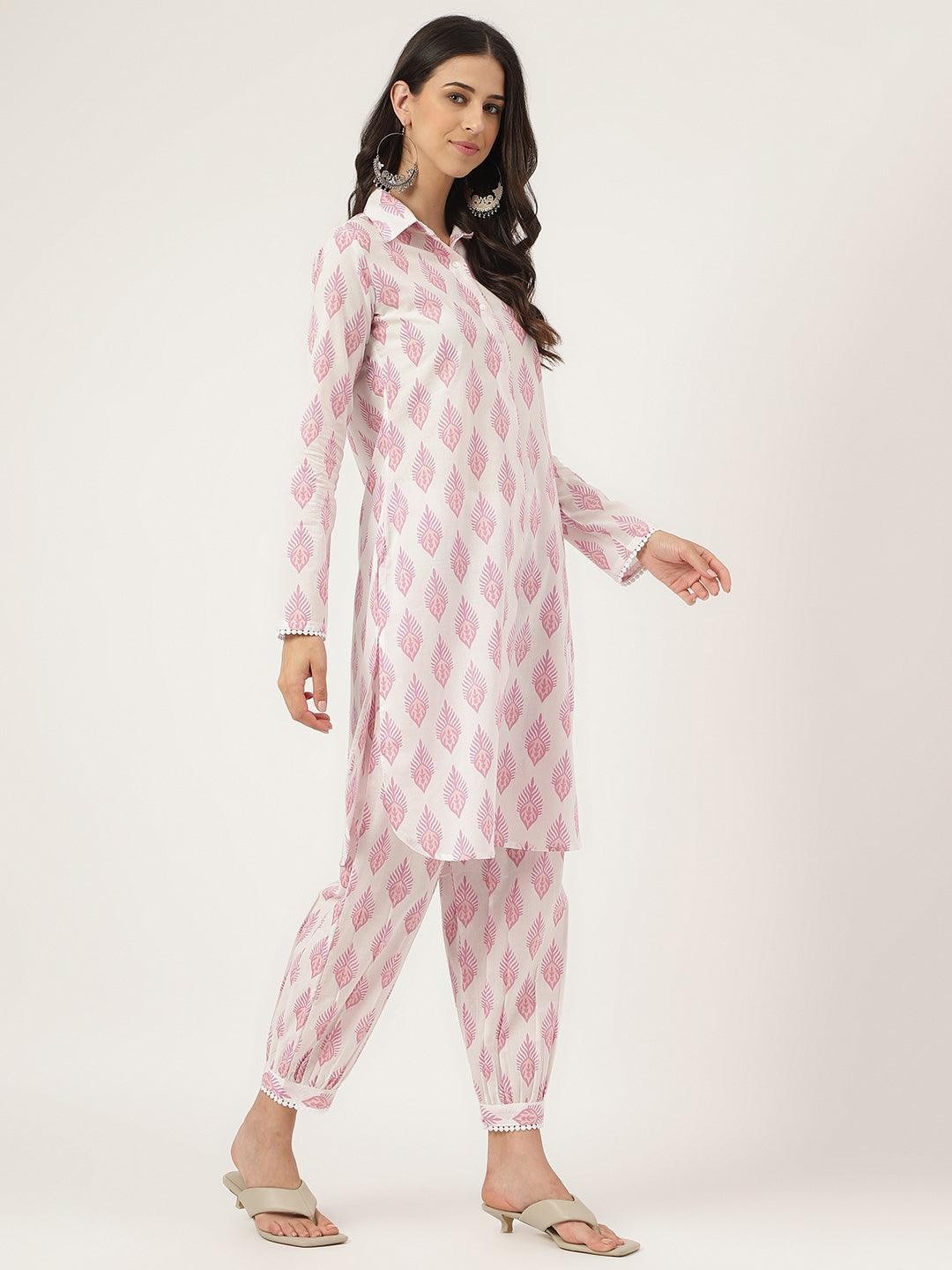 White Cotton Straight Kurta Hem Cuffed Pant Co-Ord Set for Women Plus Size