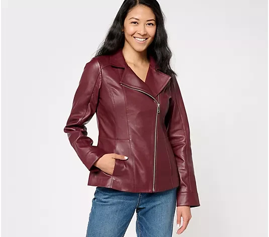 Denim & Co. Lamb Leather Moto Jacket with Pockets-Dk Burgundy-Small-NEW-A612795