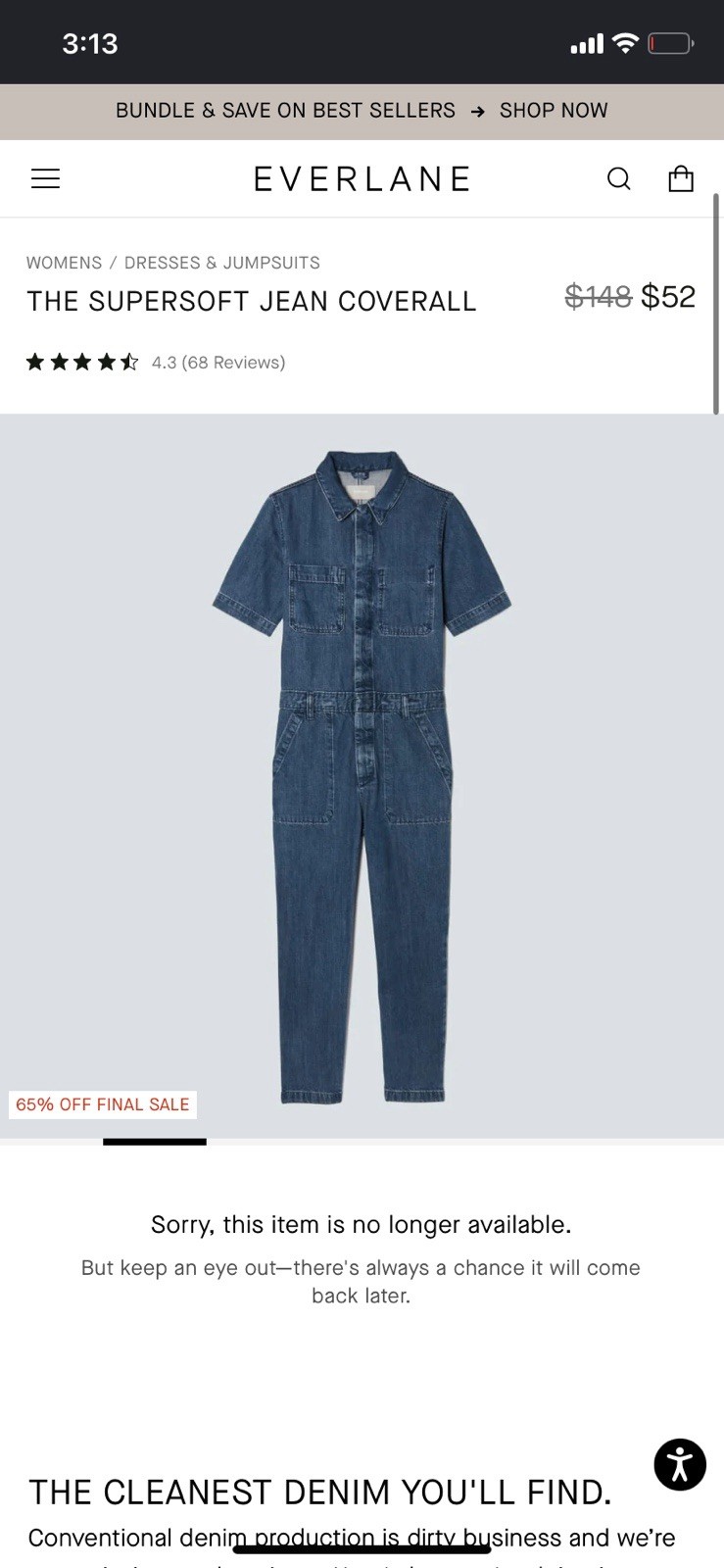 Everlane Women’s Supersoft Denim Jean Coverall Zip Front Short Sleeve Blue