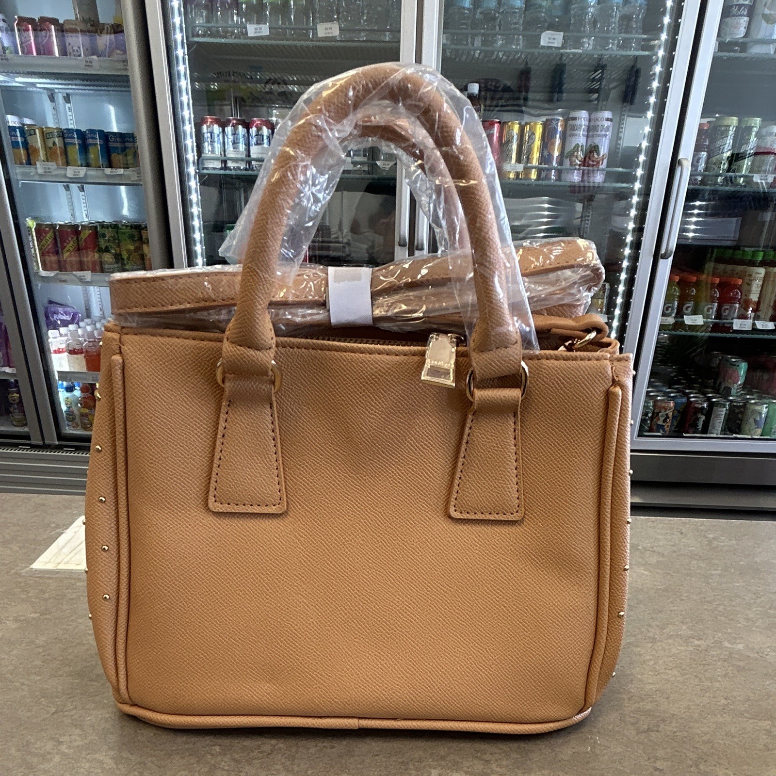 Bebe Tan Studded Medium Rectangle Top Handle Satchel Bag Gold Hardware Zip