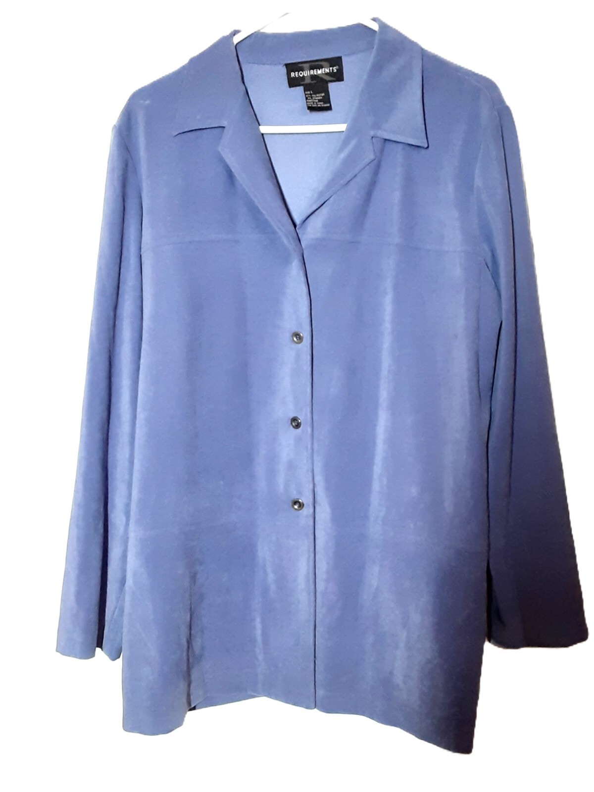 Requirements Womans Top Size LARGE, Button down, Purple, Pockets, Long Sleeve