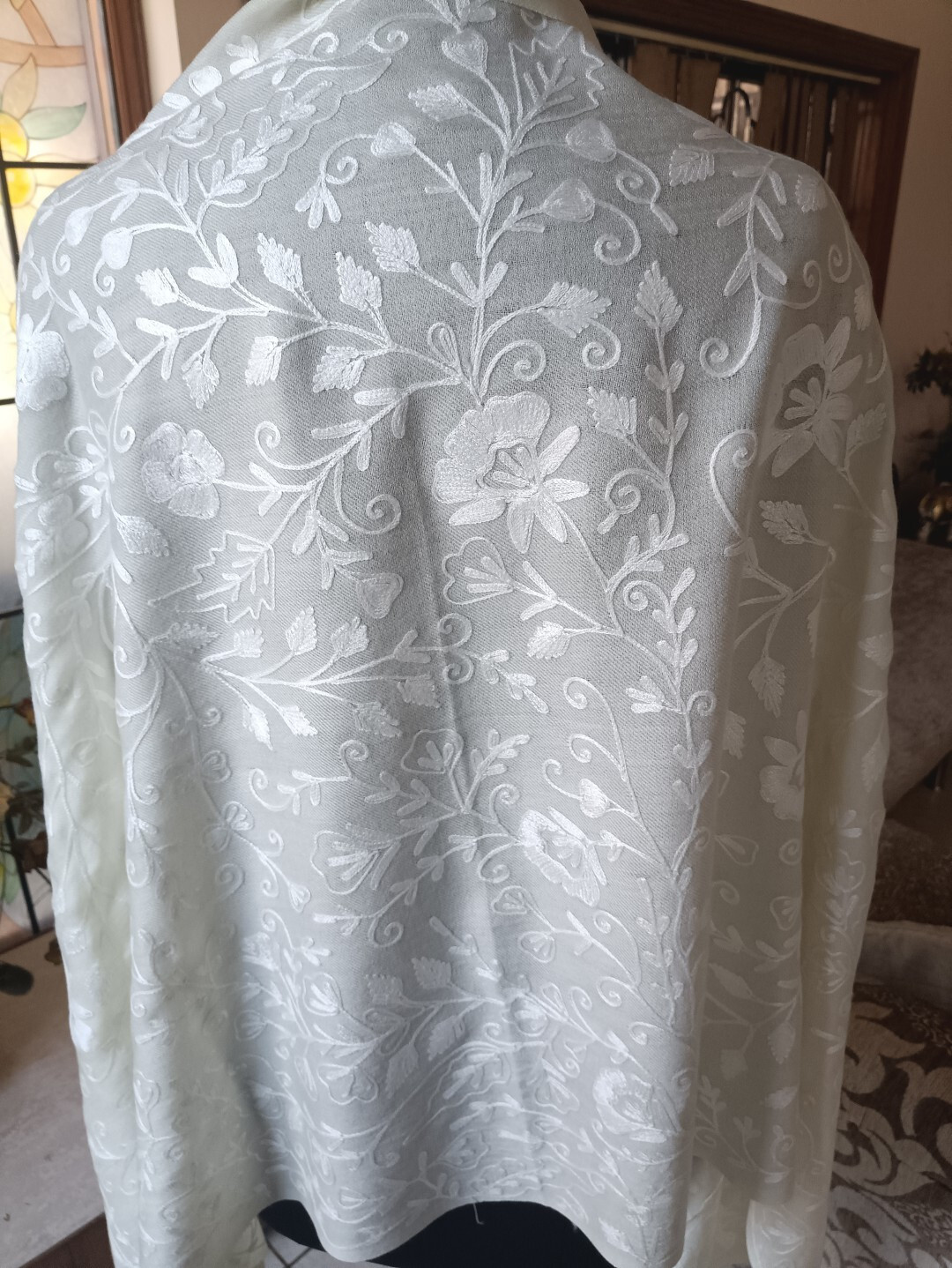 OFF-WHITE WEDDING LARGE SHAWL KASHMIR PASHMINA CREWEL EMBROIDERY 100% CASHMERE