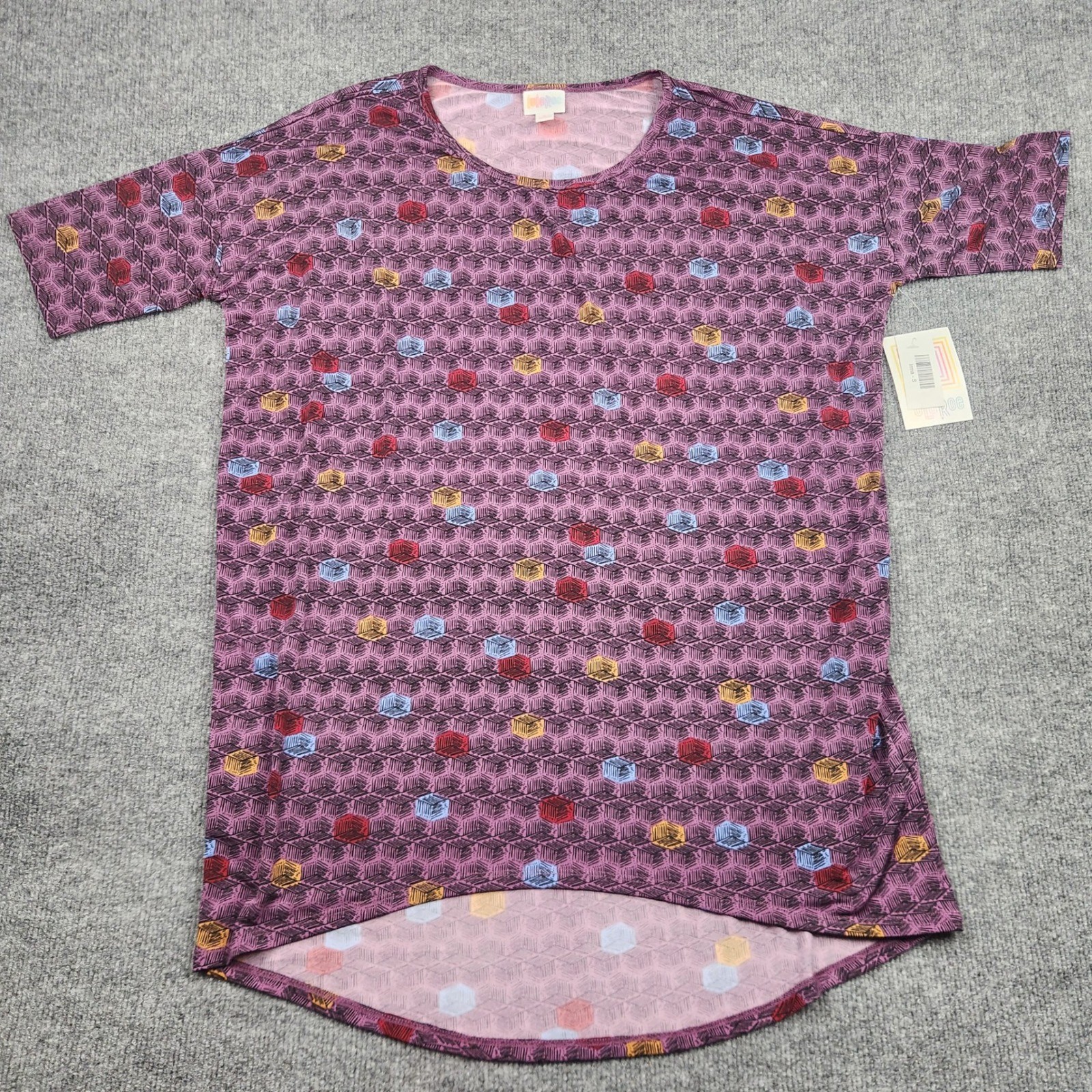 LuLaRoe Irma Tunic Top Womens Small Purple Geometric Cube Print High Low NWT