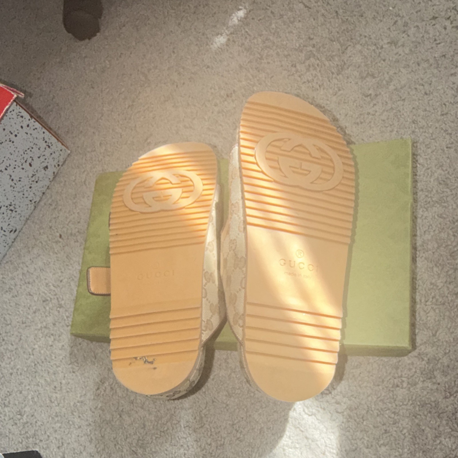 Gucci Men’s US 8 GG Monogram Logo Double Strap Buckle Slide Sandals