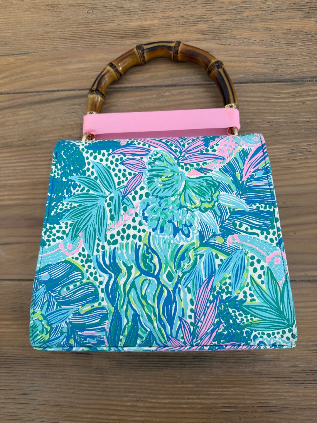 New Lilly Pulitzer Bamboo Handle Mini Bag In Botanical Green Holiday In The Sun