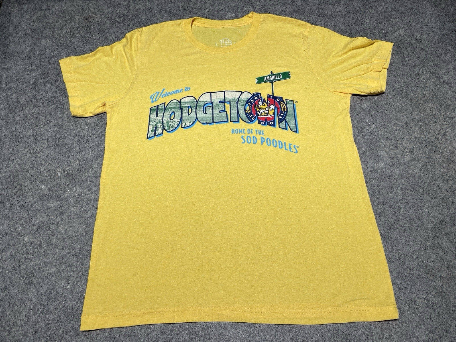 Hodgetown Home ofthe Amarillo Sod Poodles Yellow Shirt Large 108 stitches MiLB
