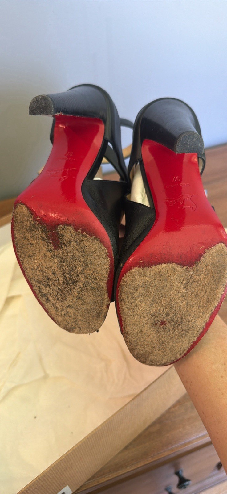 Christian Louboutin Black Leather Strappy Ankle Strap Peep Toe Heels EU 37