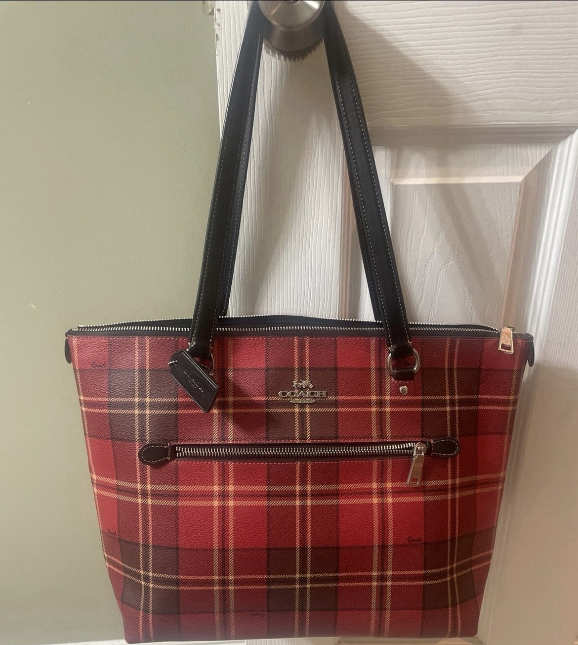 Coach Red & Black Plaid Tote Shoulder Bag Zip Closure Outer Pockets Charm