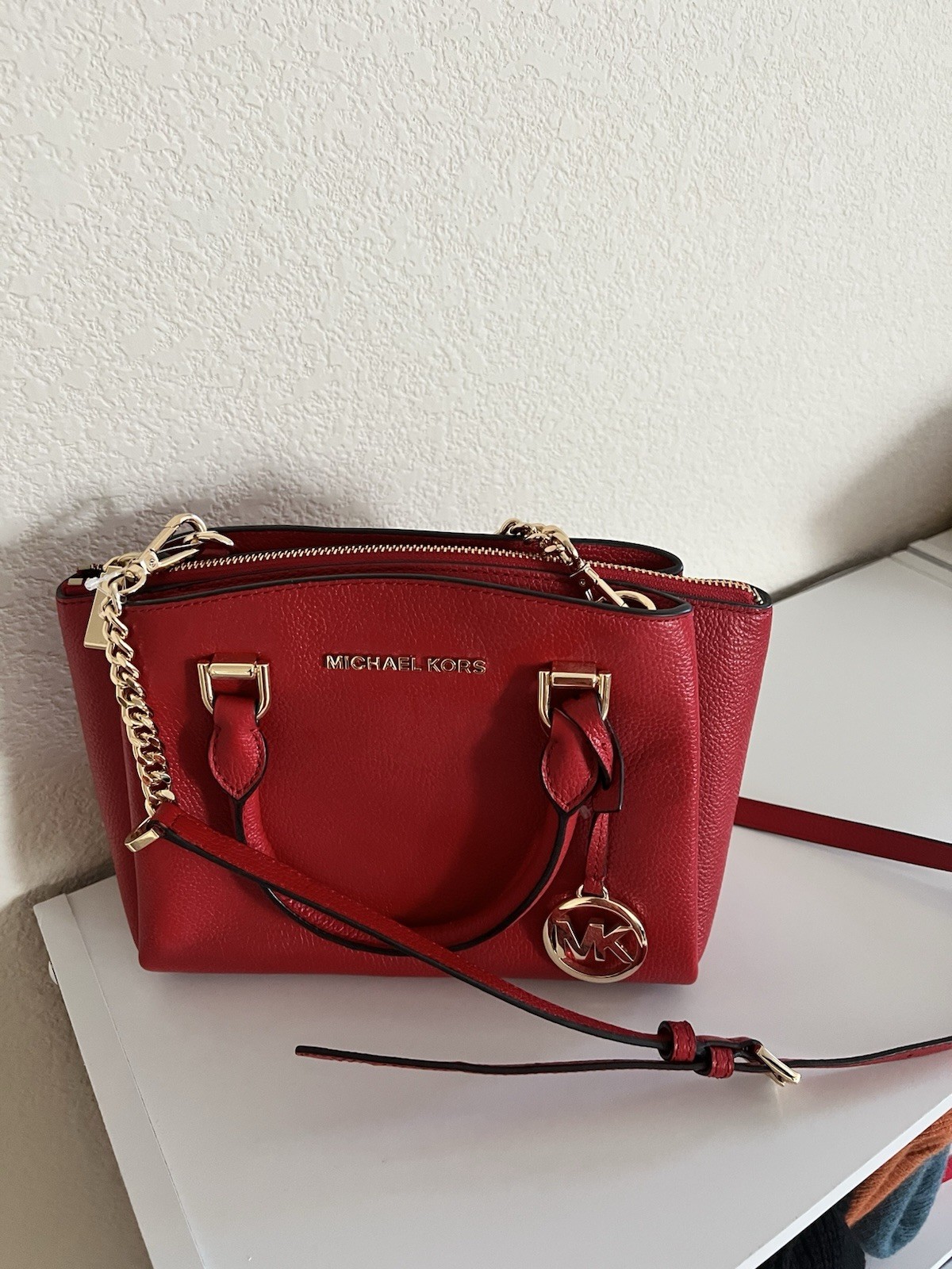 Michael Kors Red Pebbled Zip Satchel Top Handle w Detachable Crossbody Strap