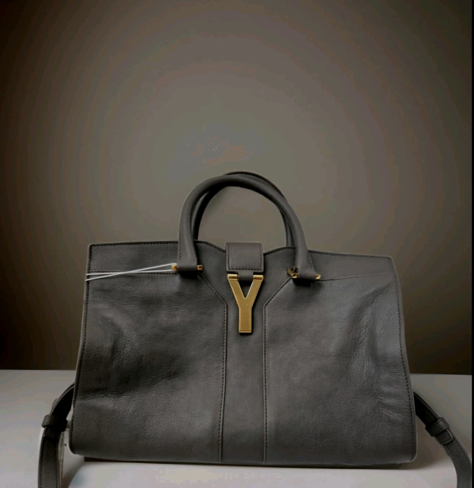 Authentic YVES SAINT LAURENT YSL Cabas Chyc 2way Bag Purse Dark Grey Leather