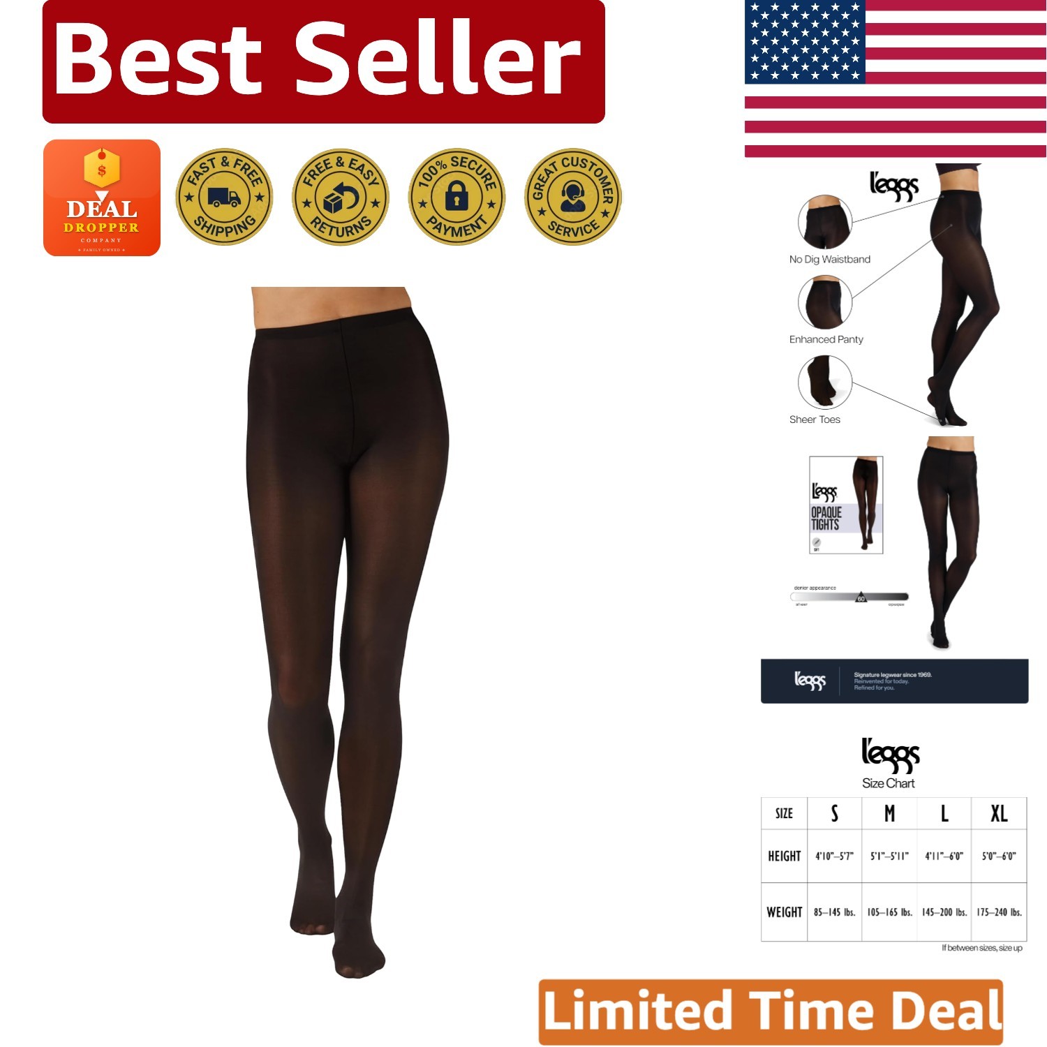 Elevate Your Style with Women’s Black Opaque Tights – Sheer Toe, Small Fit
