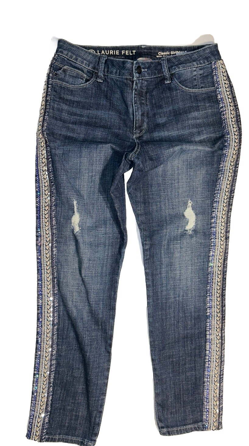 *New Laurie Felt Classic Girlfriend Jeans Embellished Stripe Women Sz 8 Distress