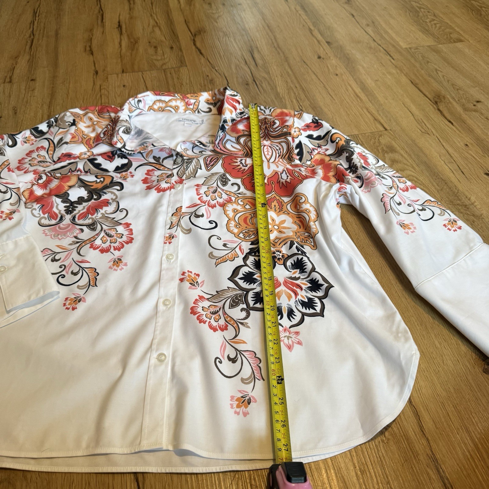 Chicos Women White Floral Print Button Down Tab Sleeve Size 3.5 18 Wester Trop