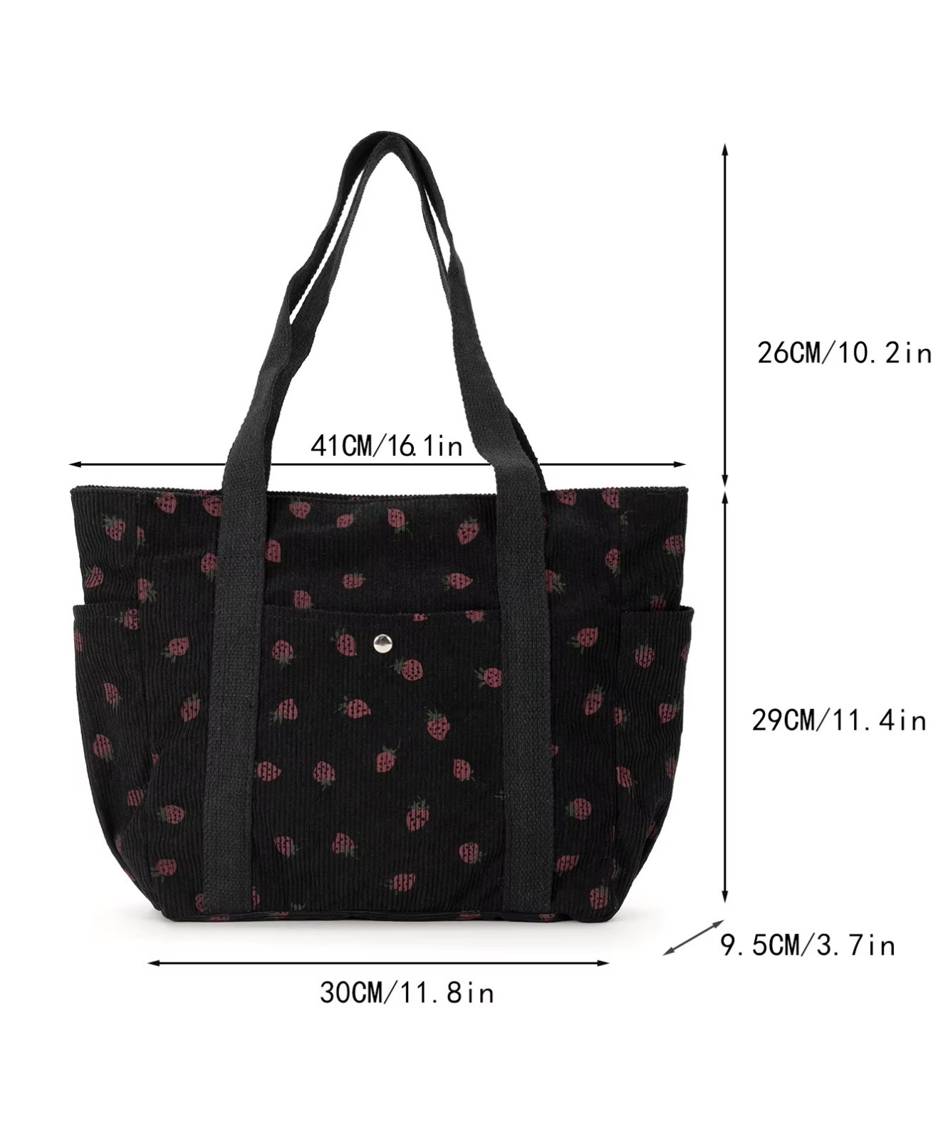 CUTE STRAWBERRY CORDUROY LARGE SHOULDER TOTE BAG WITH ZIPPER FRONT BUTTON POCKET