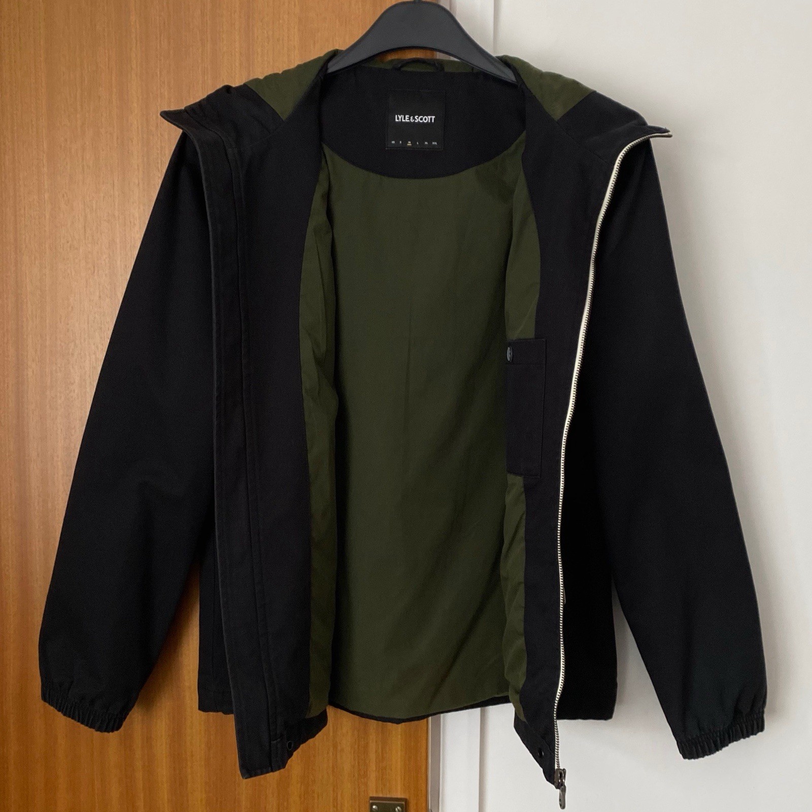 Lyle & Scott Jacket Mens Medium Black Full Zip Hooded Cotton Khaki Green Lining